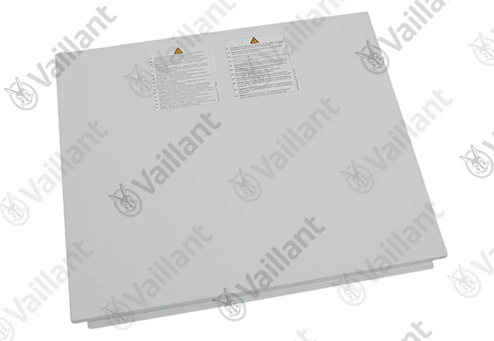 Vaillant Abdeckung in grauer Farbe mit klaren Warnhinweisen, platziert auf einem neutralen Hintergrund.